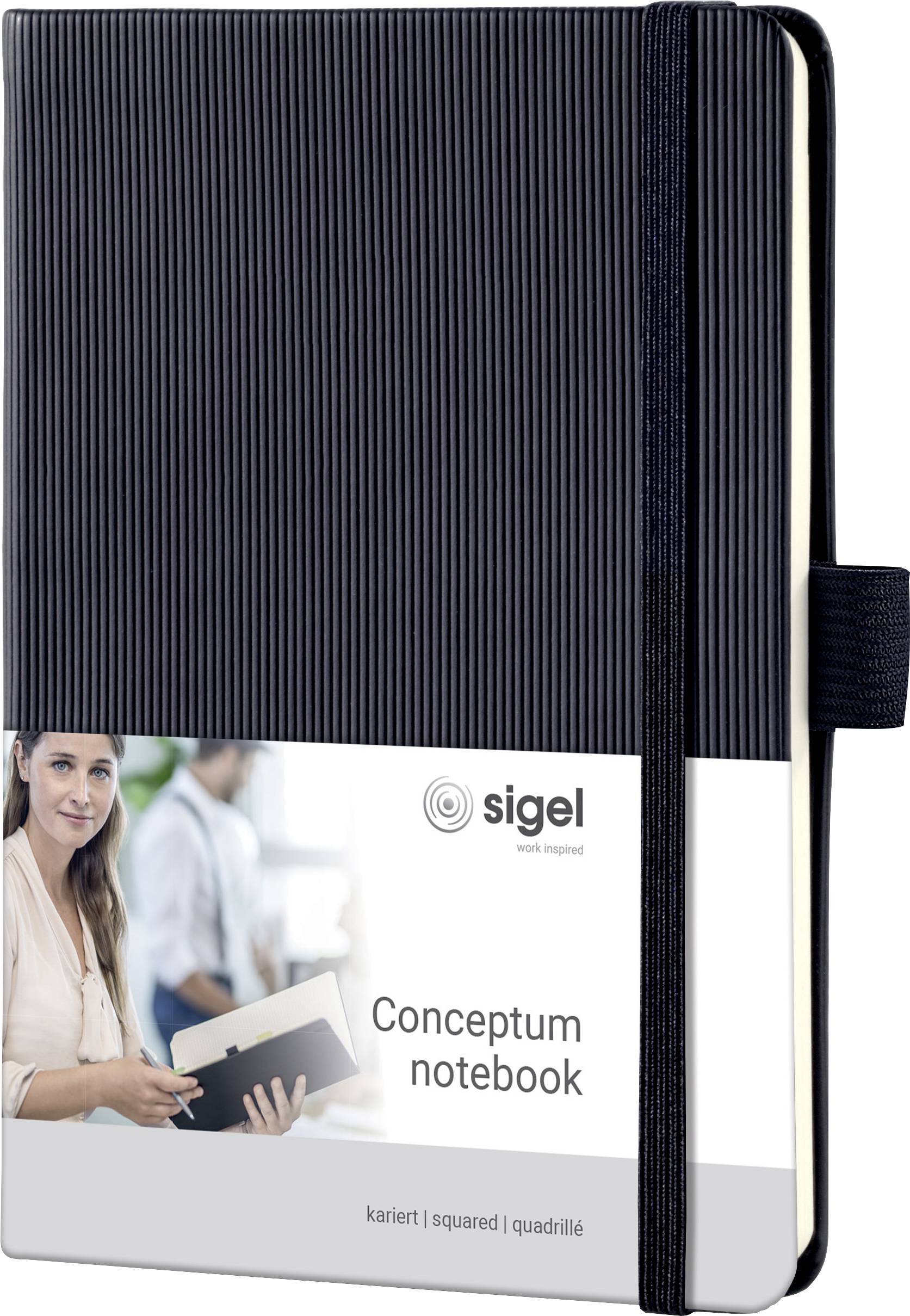 'Conceptum Notebook by Sigel' with a black cover and elastic band closure. On the cover, an image of a person with a notebook.