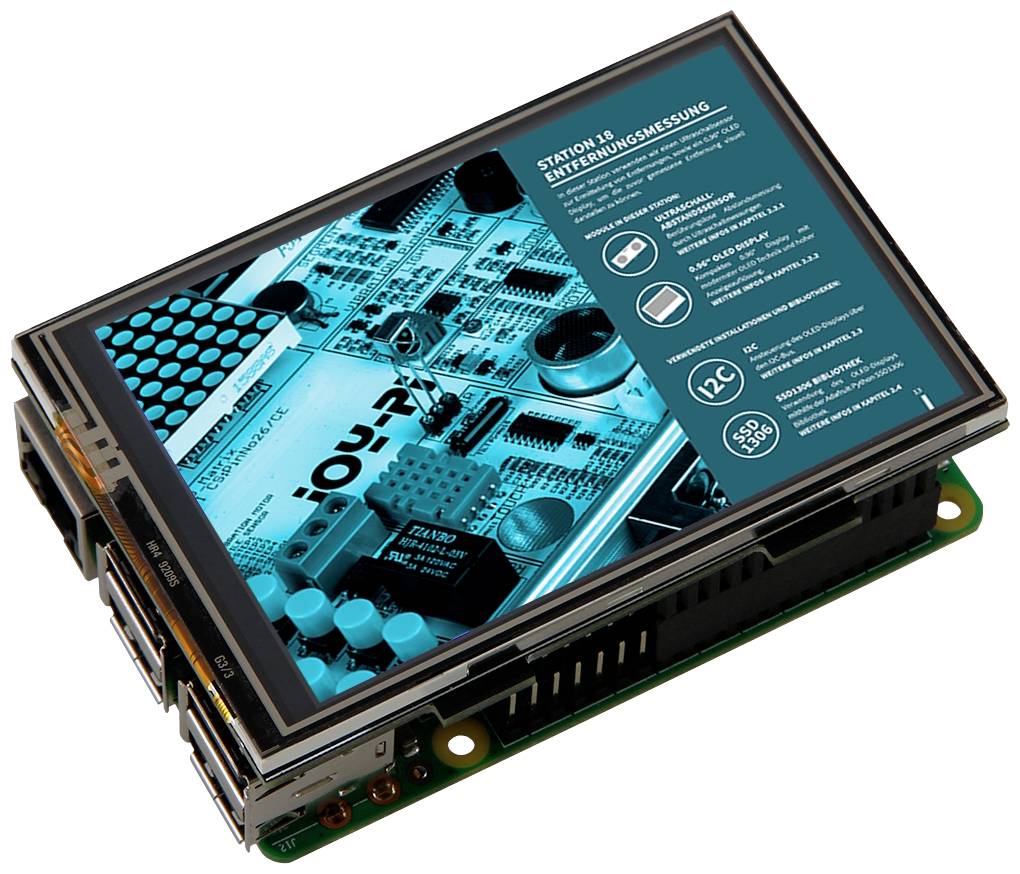 A screen displays a blue graphical user interface with technical details and symbols for an electronic device.