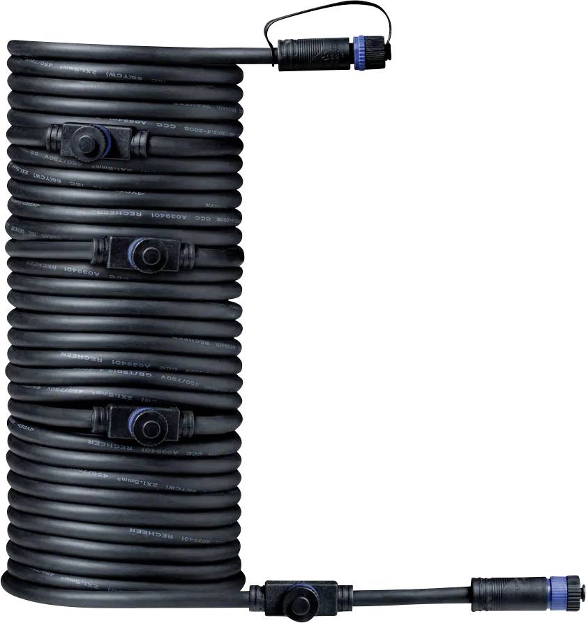 A long, black cable with multiple connectors, coiled in a spiral, suitable for outdoor use.
