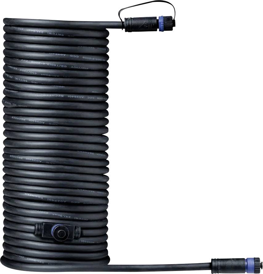 A coiled black cable with blue connectors at both ends, suitable for electrical connections or extensions.