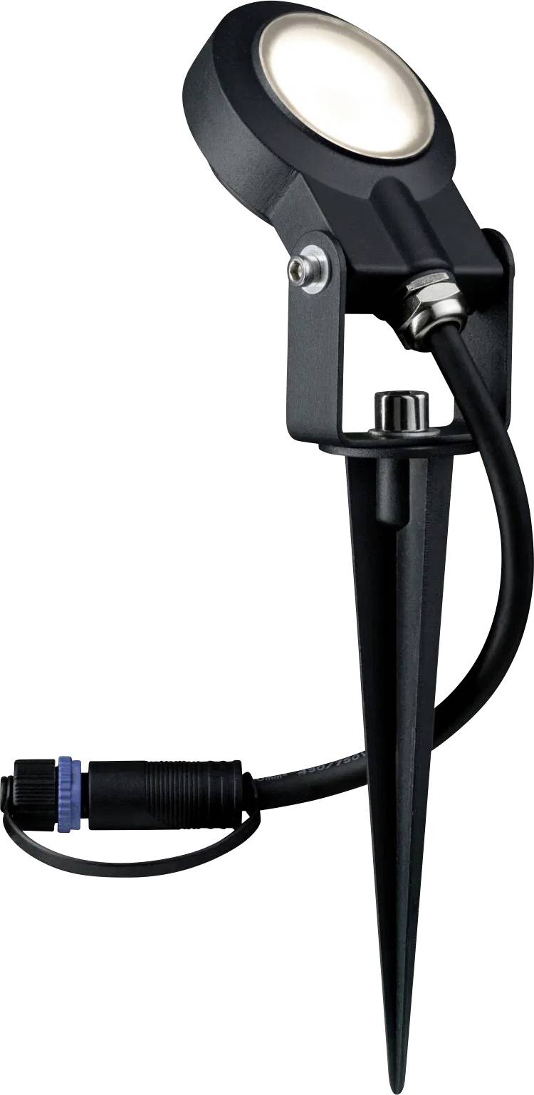 Black LED garden spotlight on a ground spike with cable and plug for outdoor lighting.