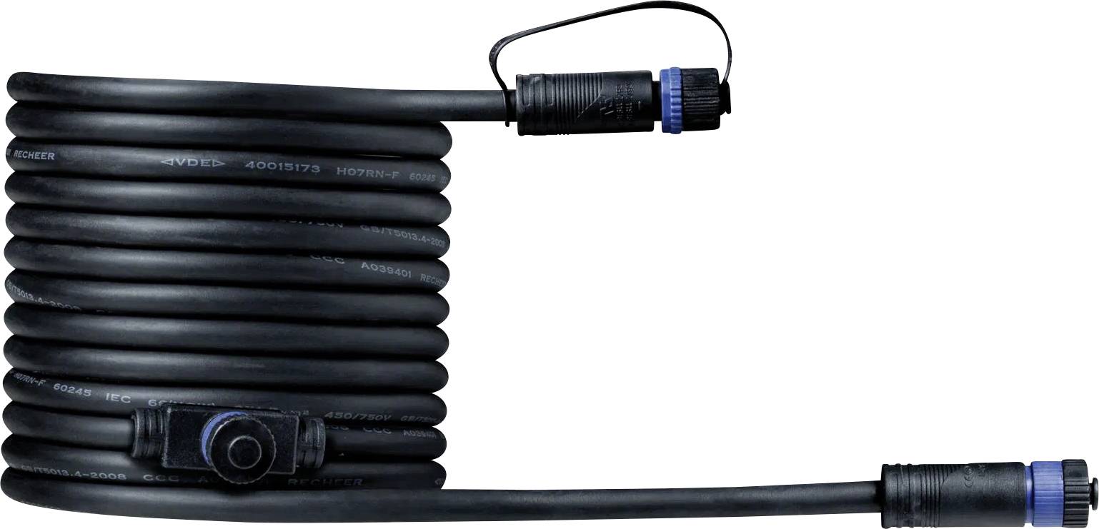 A black, coiled cable reel with blue accents and connectors at both ends. Suitable for outdoor power supply.