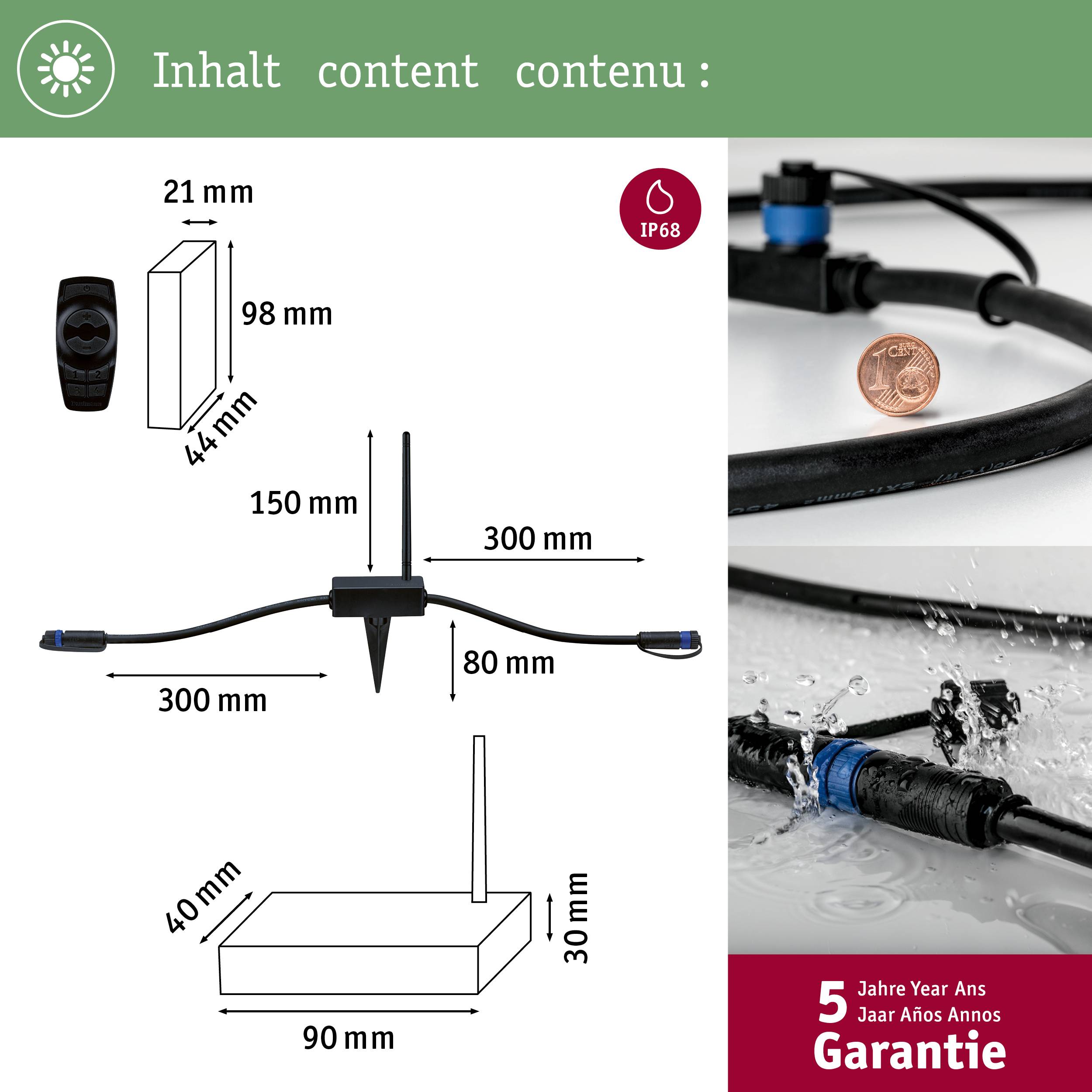 Diagram showing cable dimensions: Length 300 mm, Width 40 mm, Height 90 mm. Sensor IP68. Waterproof, 5 years warranty.