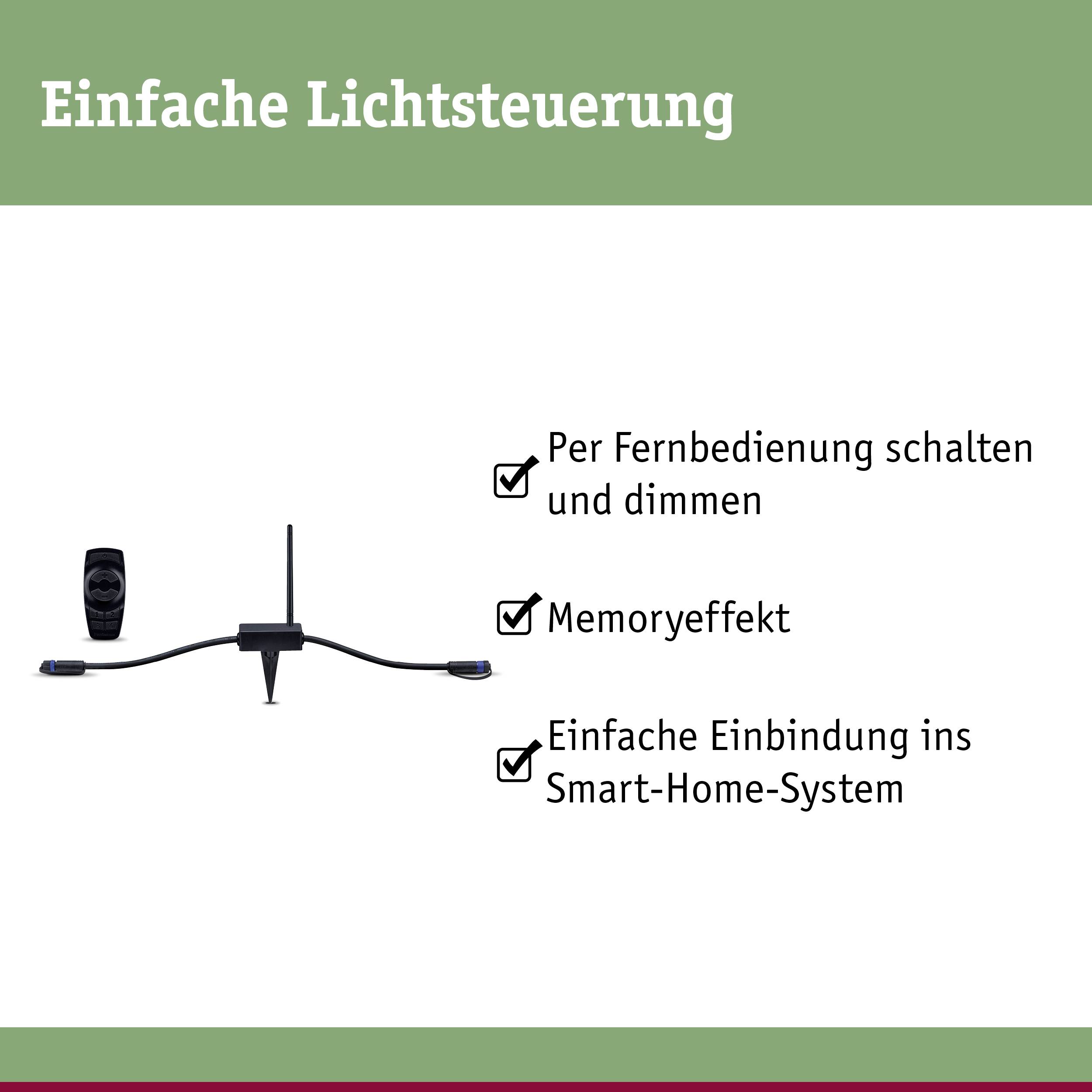 'Simple Light Control' shows a remote control and a control unit with functions: On/Off, Dimming, Memory Effect, Smart Home Integration.