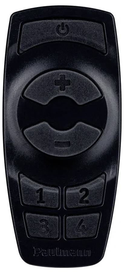 Black remote control with buttons for adjusting brightness and four numerical buttons for setting light programmes.