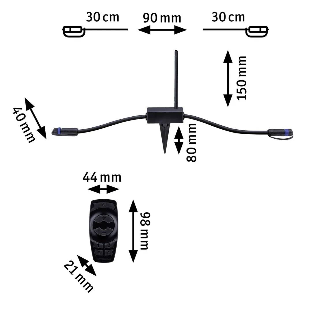 Product graphic of a garden irrigation system: Main part 80 mm high, reach 150 mm. Two side handles, each 30 cm. Control unit 98 mm high.
