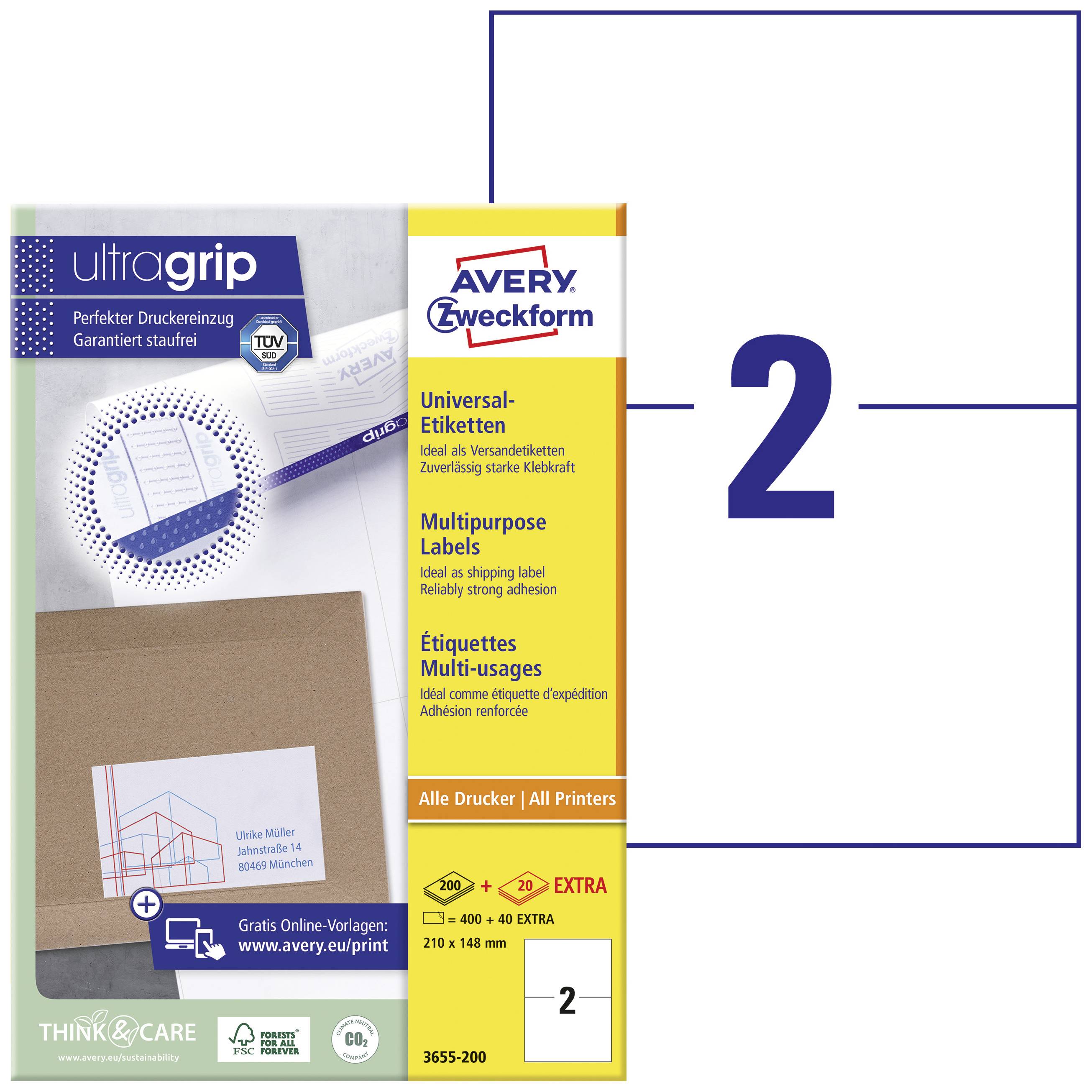 Image shows Avery Zweckform universal labels with ultra grip technology, blue background and large '2' on the packaging. Suitable for all printers.