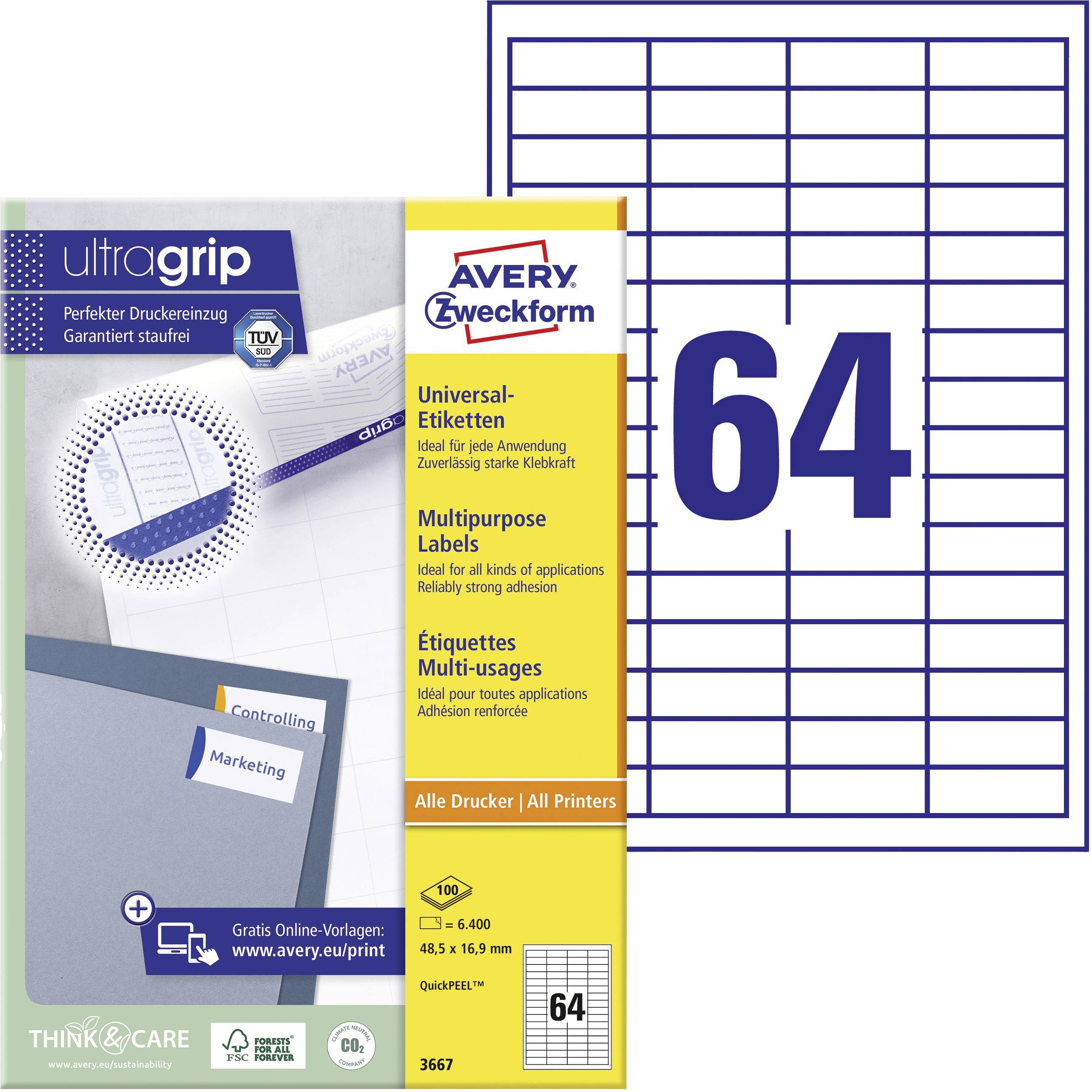 Avery Zweckform Label: 64 labels per sheet, UltraGrip for precise printing, suitable for all printers, 45.7 x 21.2 mm.