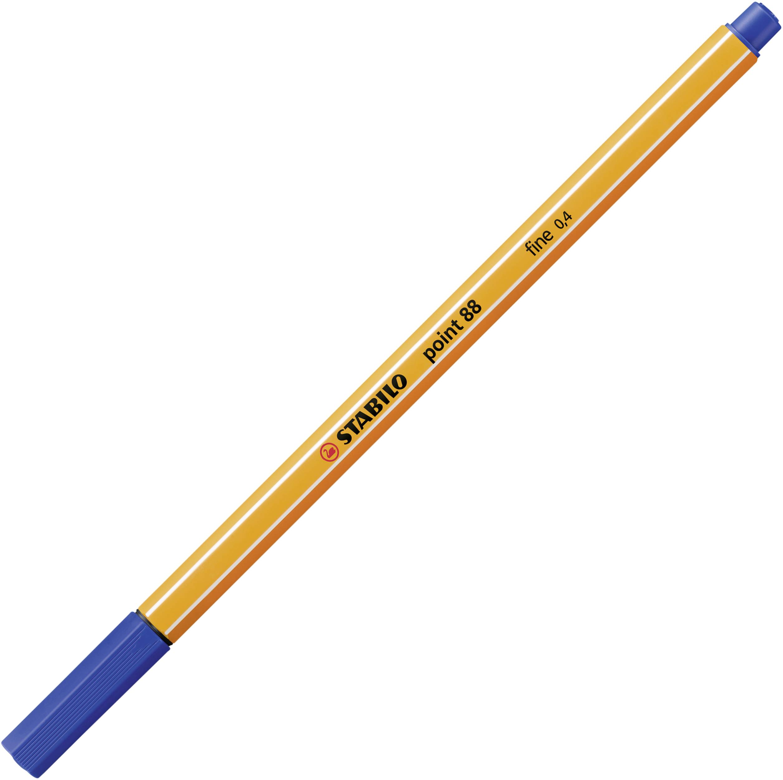 An orange fineliner with a blue cap, brand 'Stabilo', model 'point 88', line width 0.4 mm.