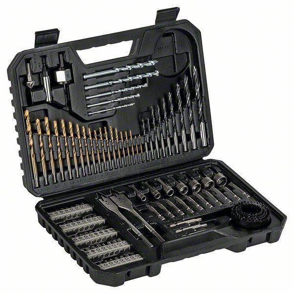 An open toolbox with various drill bits and attachments; including wood drill bits, metal drill bits, and screwdriver bits.