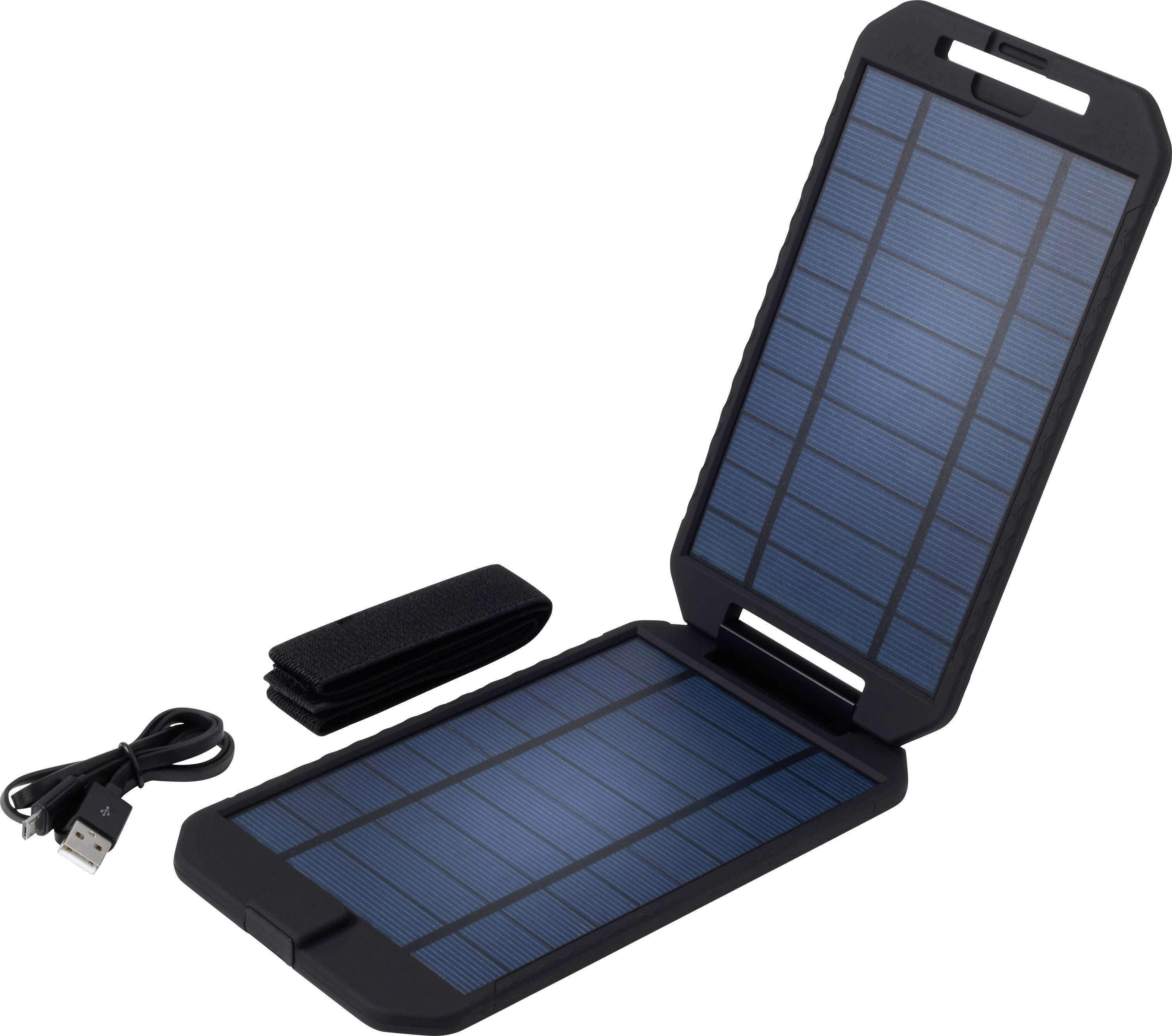 A foldable solar charger with blue solar panels, accompanied by a USB cable and a small black strap, placed on a white surface.