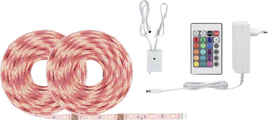 LED Strip Set with two rolls, remote control, control unit and power supply for lighting and colour control.