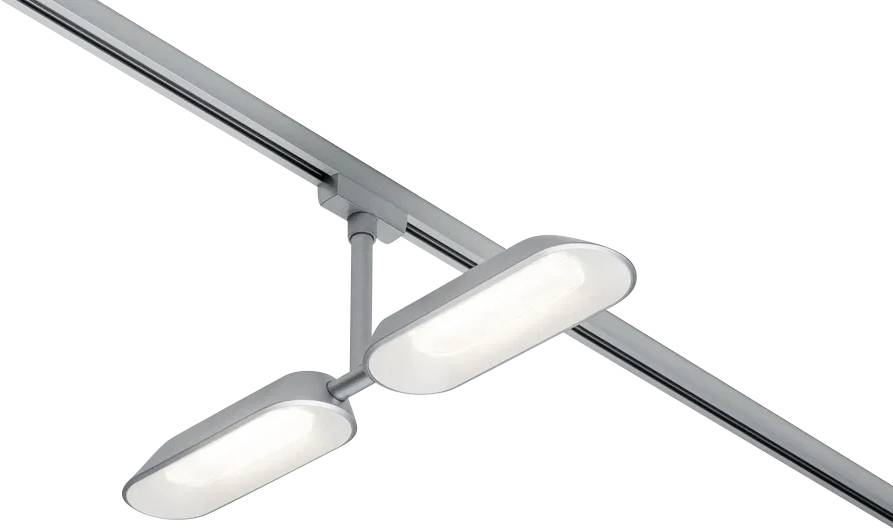 Silver rail system with two rectangular, pivoting LED lights. Minimalist design for modern interior spaces.