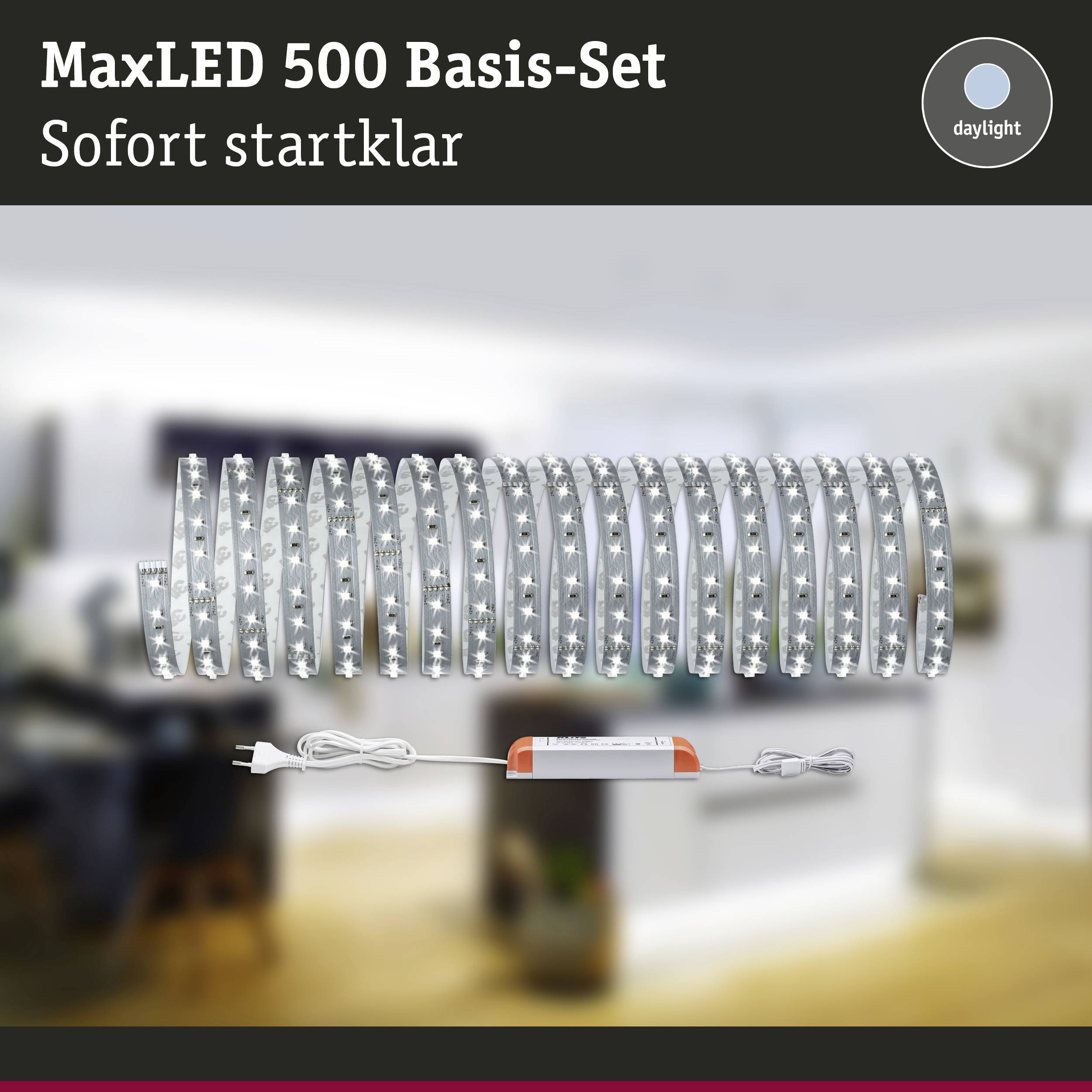 The image shows a MaxLED 500 base set with a spiral-shaped LED strip and a power supply. Text: 'Ready to use immediately'.