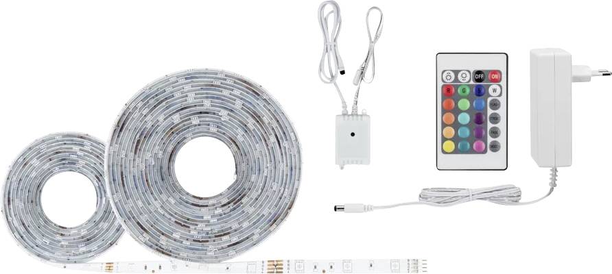 Two rolled-up LED light strips, remote control with 24 buttons in various colours, power cable and power adapter.
