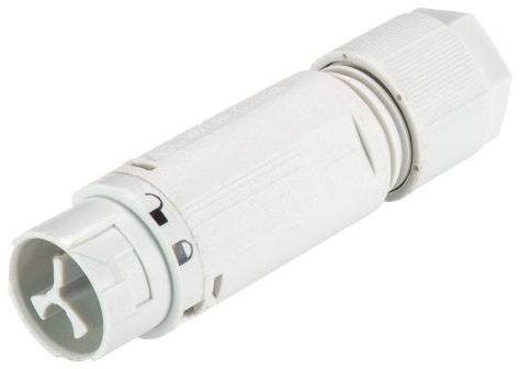 A white, cylindrical cable connector with a knurled screw thread for secure electrical connections.