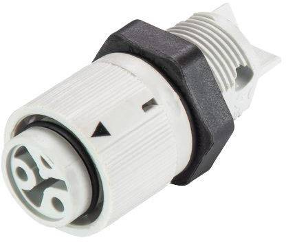 Close-up of a white, cylindrical connector with black elements, showing the plug with a circular aperture and pins.