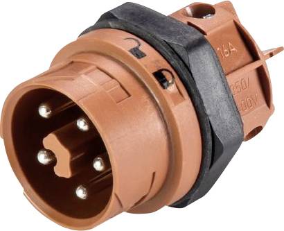 Red, round industrial electrical plug with six silver contact pins and black sealing ring.