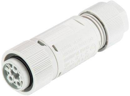 A white, cylindrical electrical connector with multiple contact points, suitable for industrial applications.