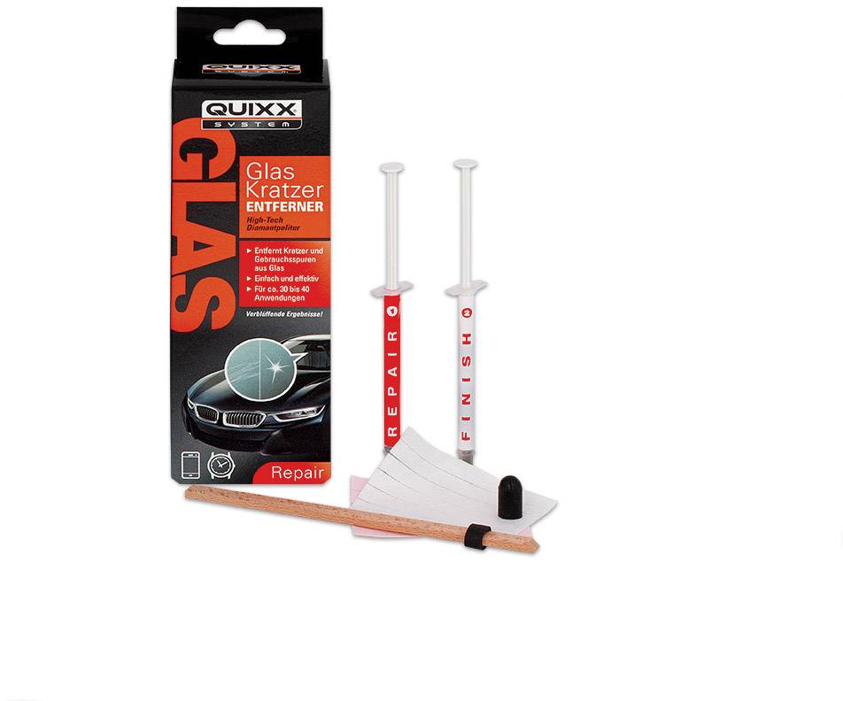 'QUIXX Glass Scratch Remover' Kit consisting of two syringes, cloths and tools to repair scratches on car windscreens.