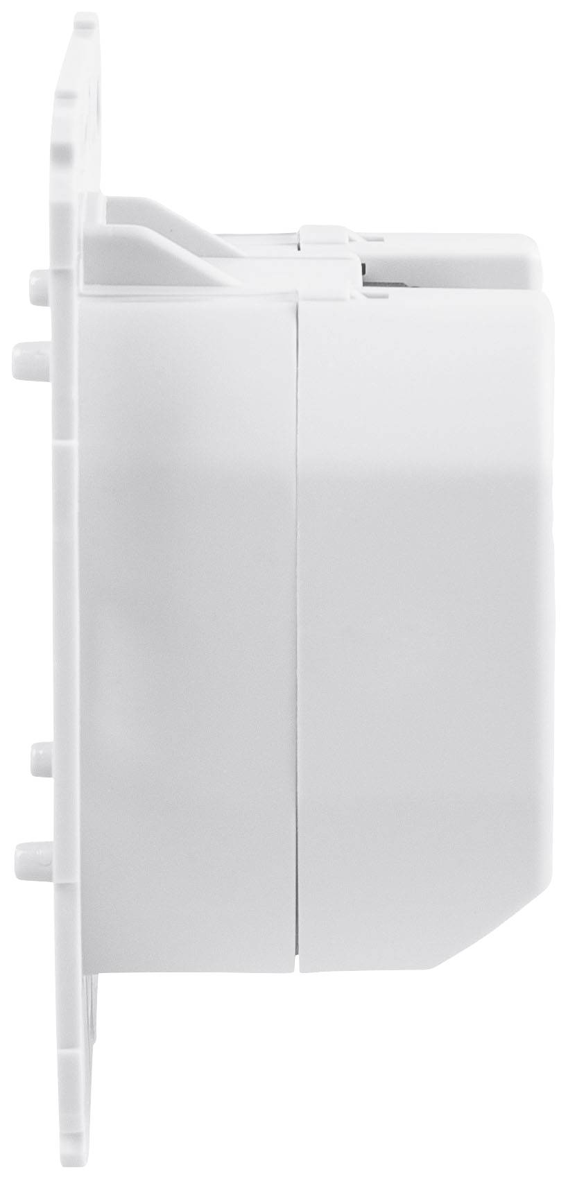 White electrical socket viewed from the side, designed in a minimalist and modern style, showing mounting and fixing elements.