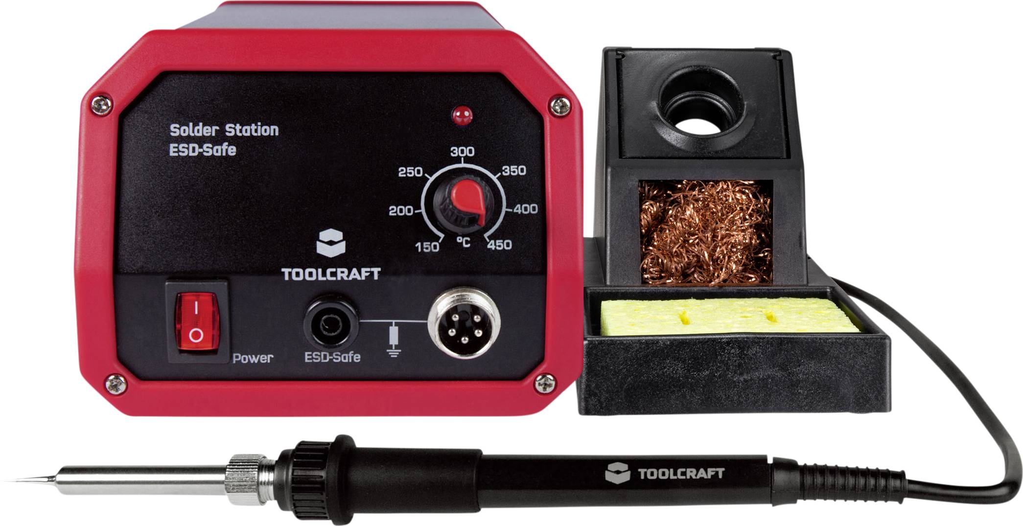 Soldering station with temperature control and soldering iron, potentiometer set to 150 degrees. ESD-safe, with stand and cleaning sponge.