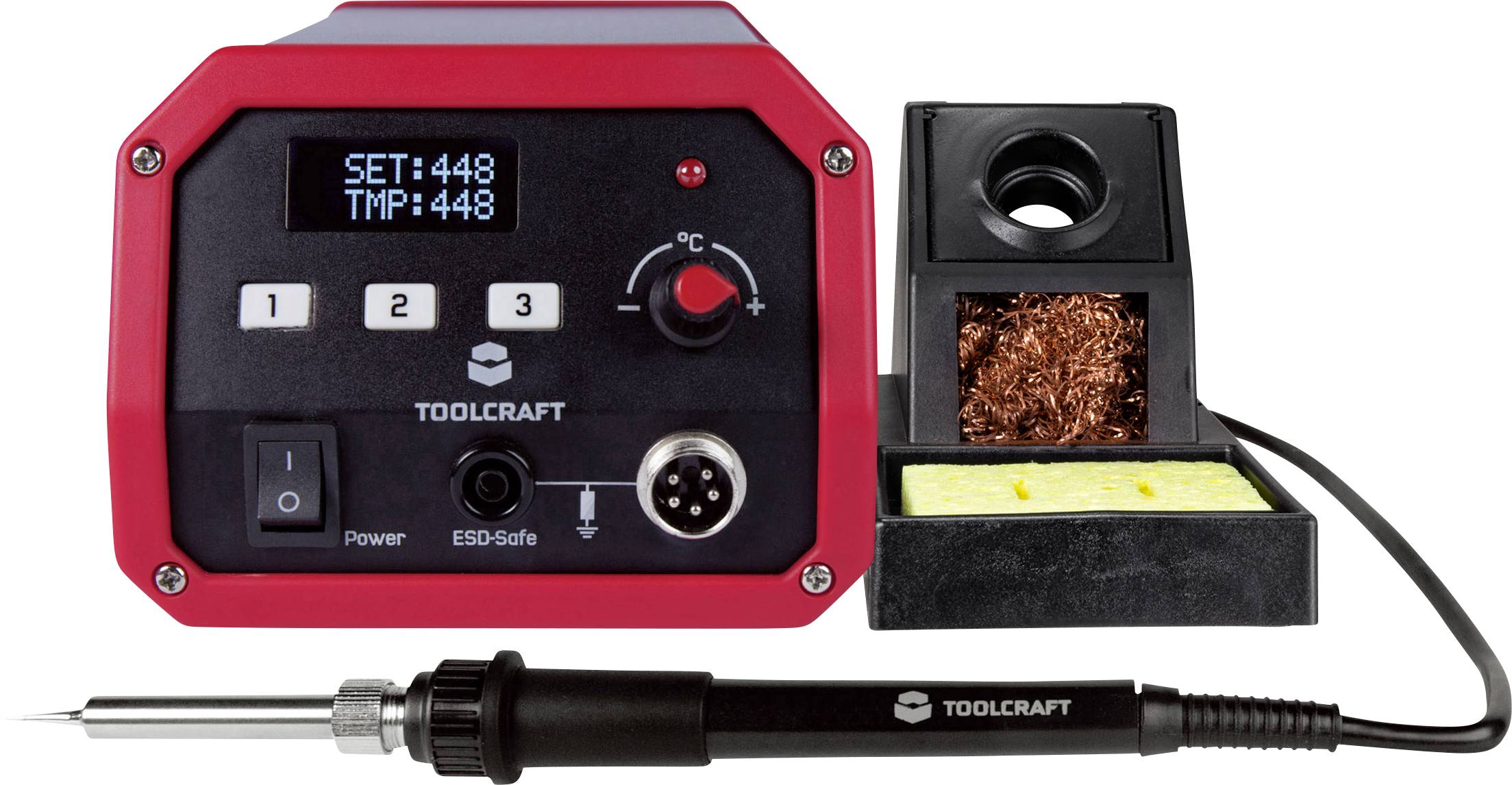Soldering Iron Set with Digital Display showing 'SET: 448' and 'TMP: 448'. Includes Soldering Iron, Stand, Cleaning Pad.