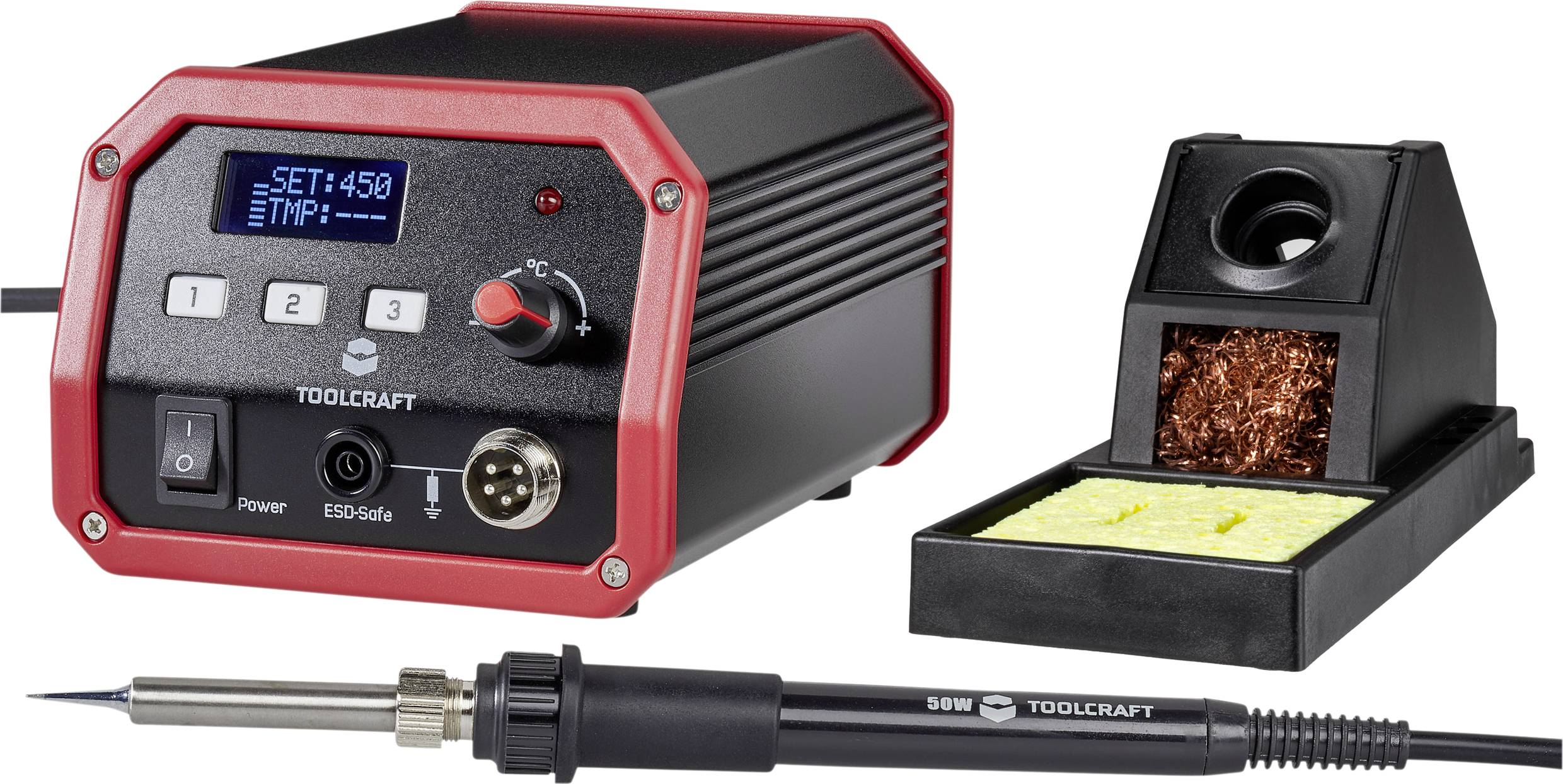 Soldering station with display, temperature setting 'SET: 450' shown. Soldering tip, push buttons and stand with cleaning sponge visible.