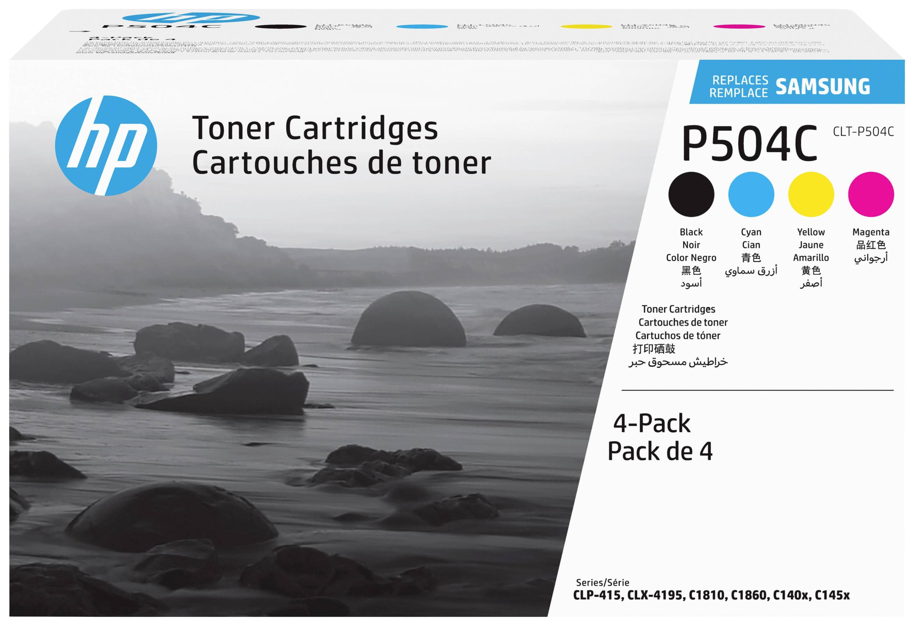 Pack of 4 toner cartridges: Black, Cyan, Yellow, Magenta. For Samsung models CLP-415, CLX-4195, C1810, C1860, C410, C430.