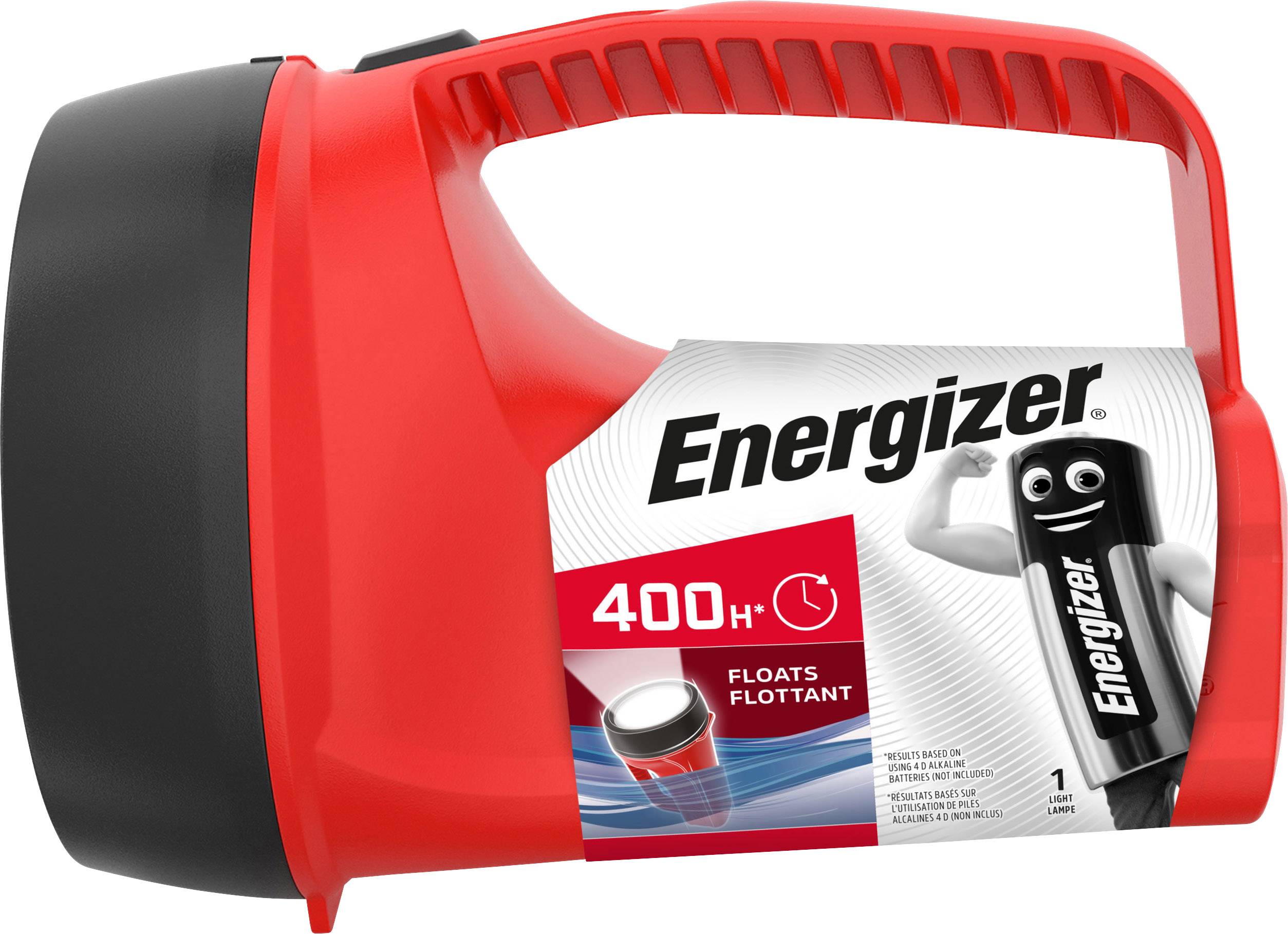 Red Energizer torch with battery-themed label. Label reads: '400+ hours', 'Floats'. Batteries included.