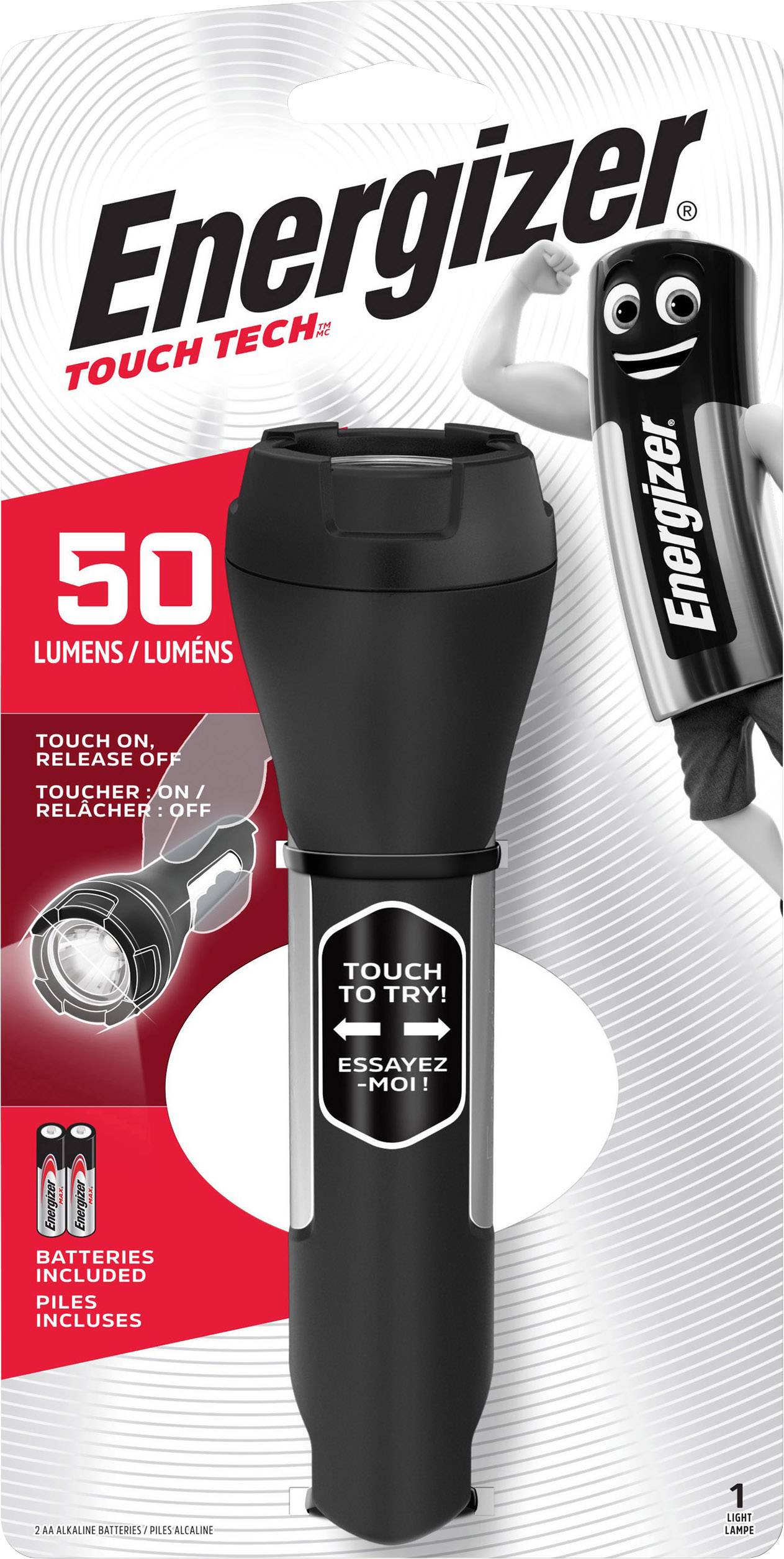 Black Energizer torch with touch function, delivering 50 lumens. Packaging depicts a character with a raised fist.