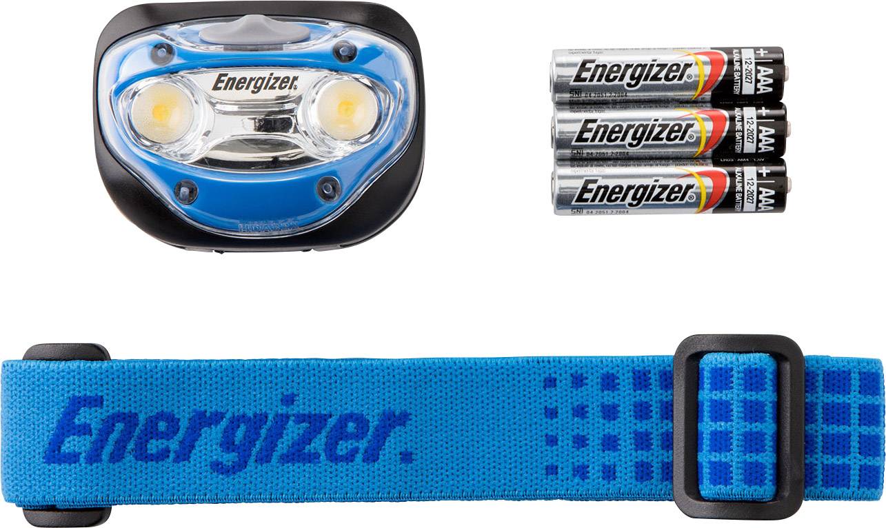A blue head torch by Ener, with three accompanying AAA batteries, suitable for outdoor activities or emergency situations.