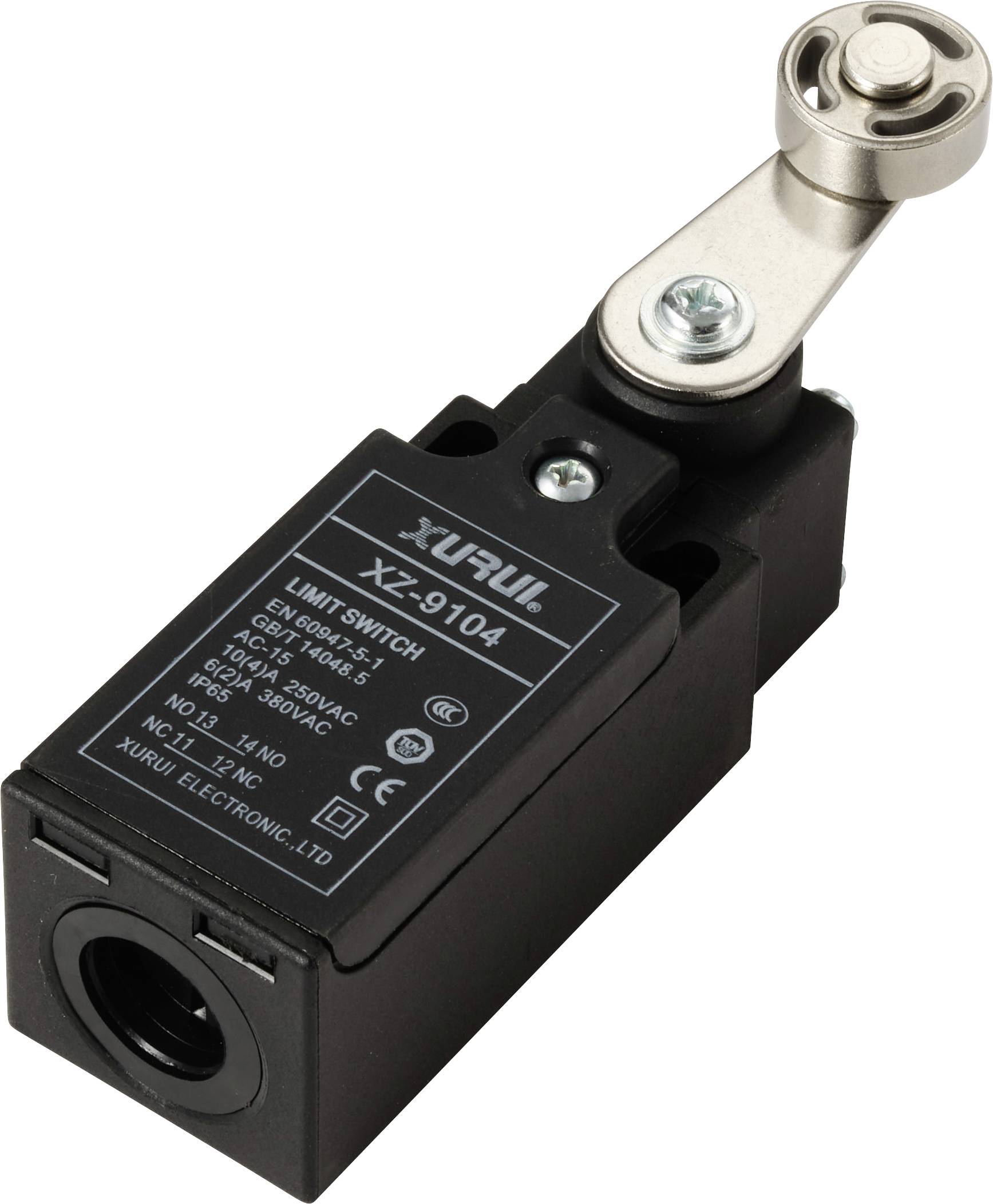 A limit switch module with lever arm and roller head. Technical specifications and trademarks are visible on the housing.