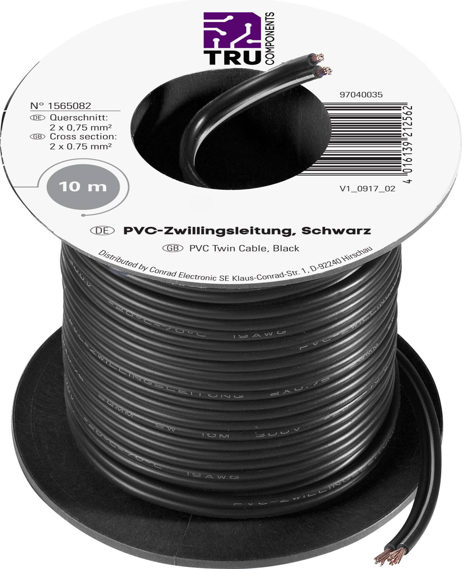 Black PVC twin-core cable, 10 m long, 2 x 0.75 mm² cross-section. Cable on a reel with exposed copper wires at the end.