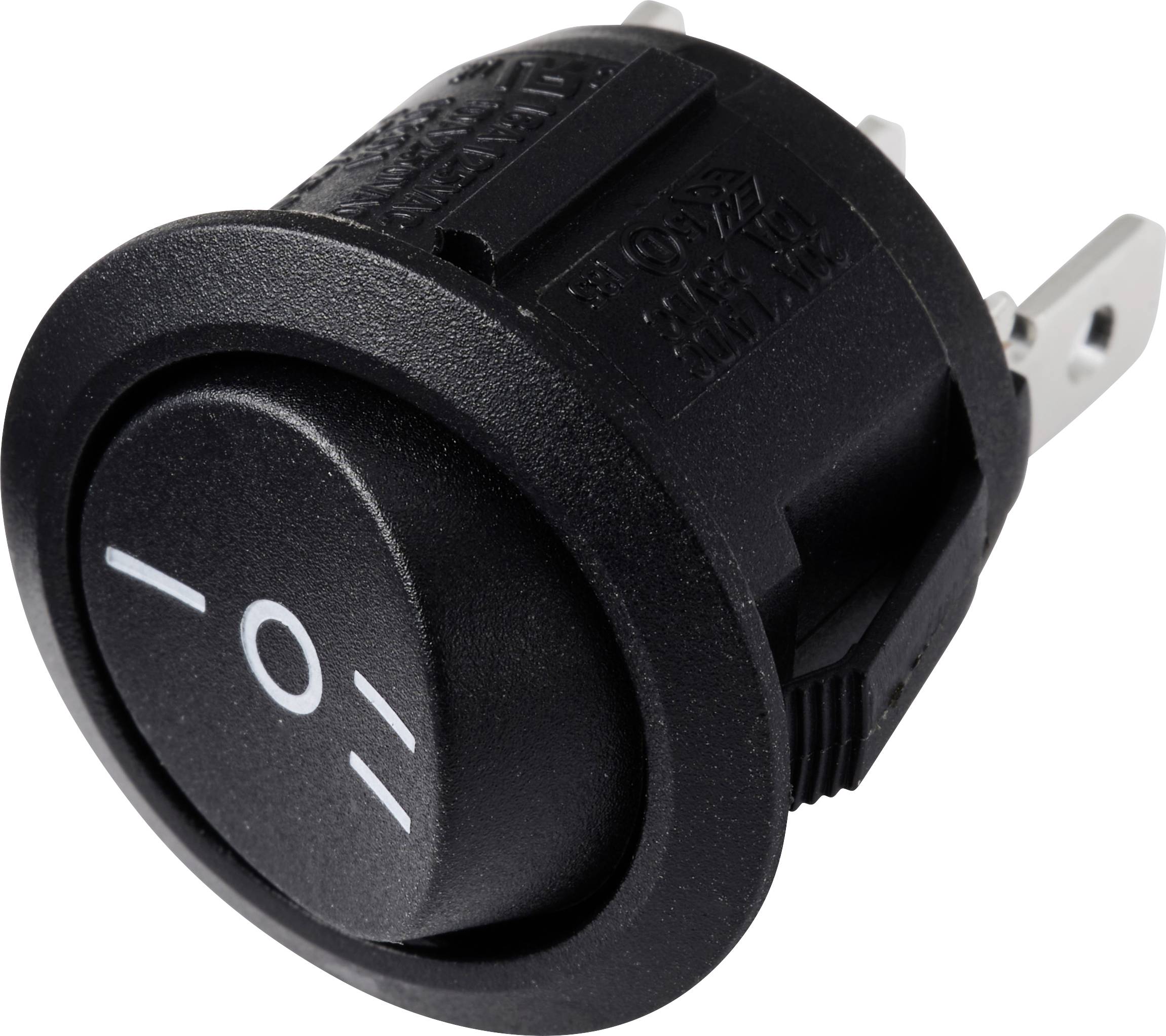 Black toggle switch with white On/Off symbol, four connections on the back, used for electronic devices.