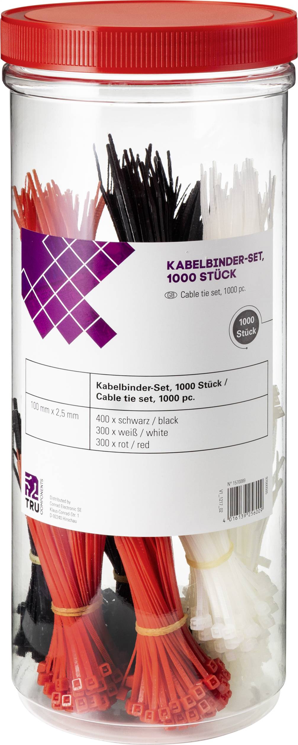 Transparent container with cable ties in Red, Black and White, 1000 pieces in total. Label displays product information in German and English.