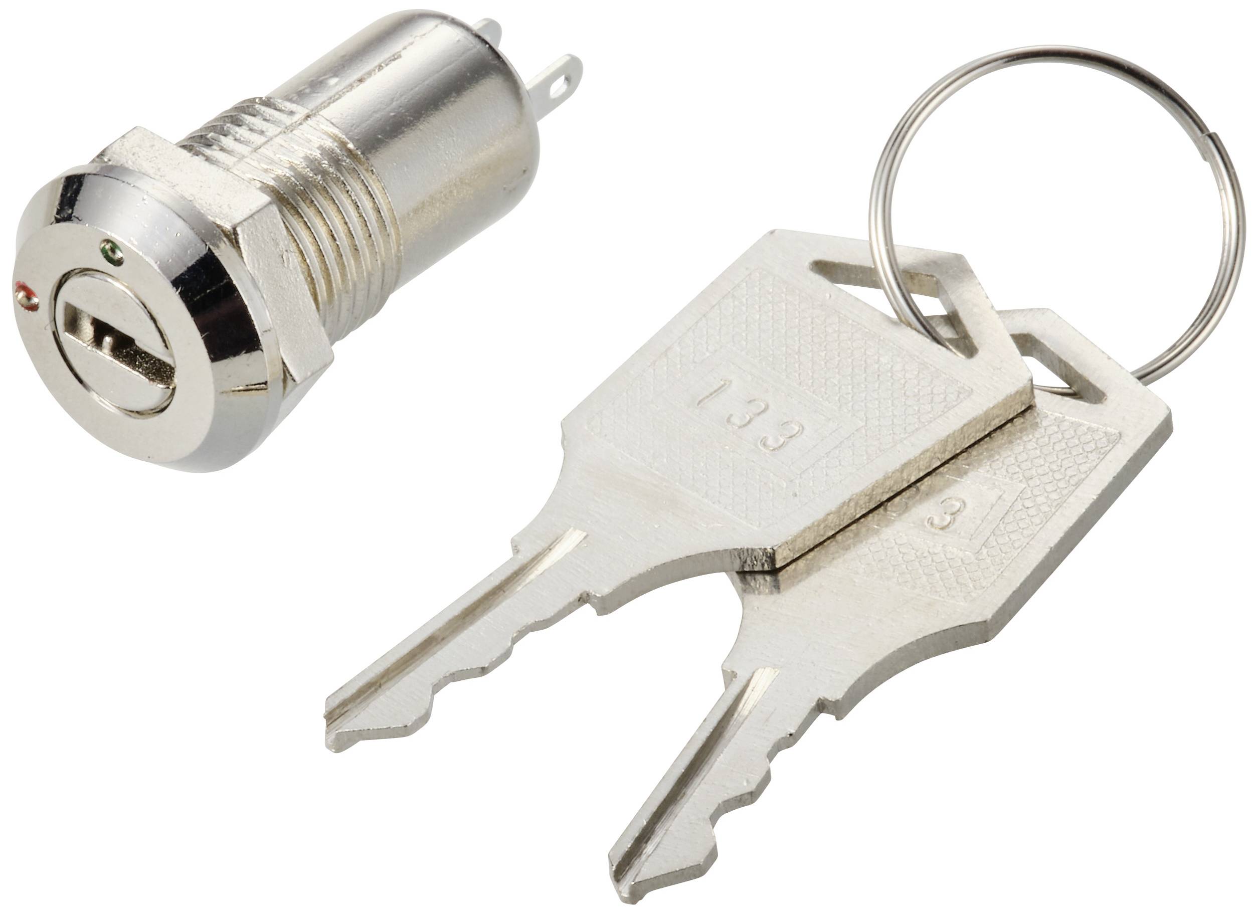 A metal lock cylinder and two matching keys on a keyring.