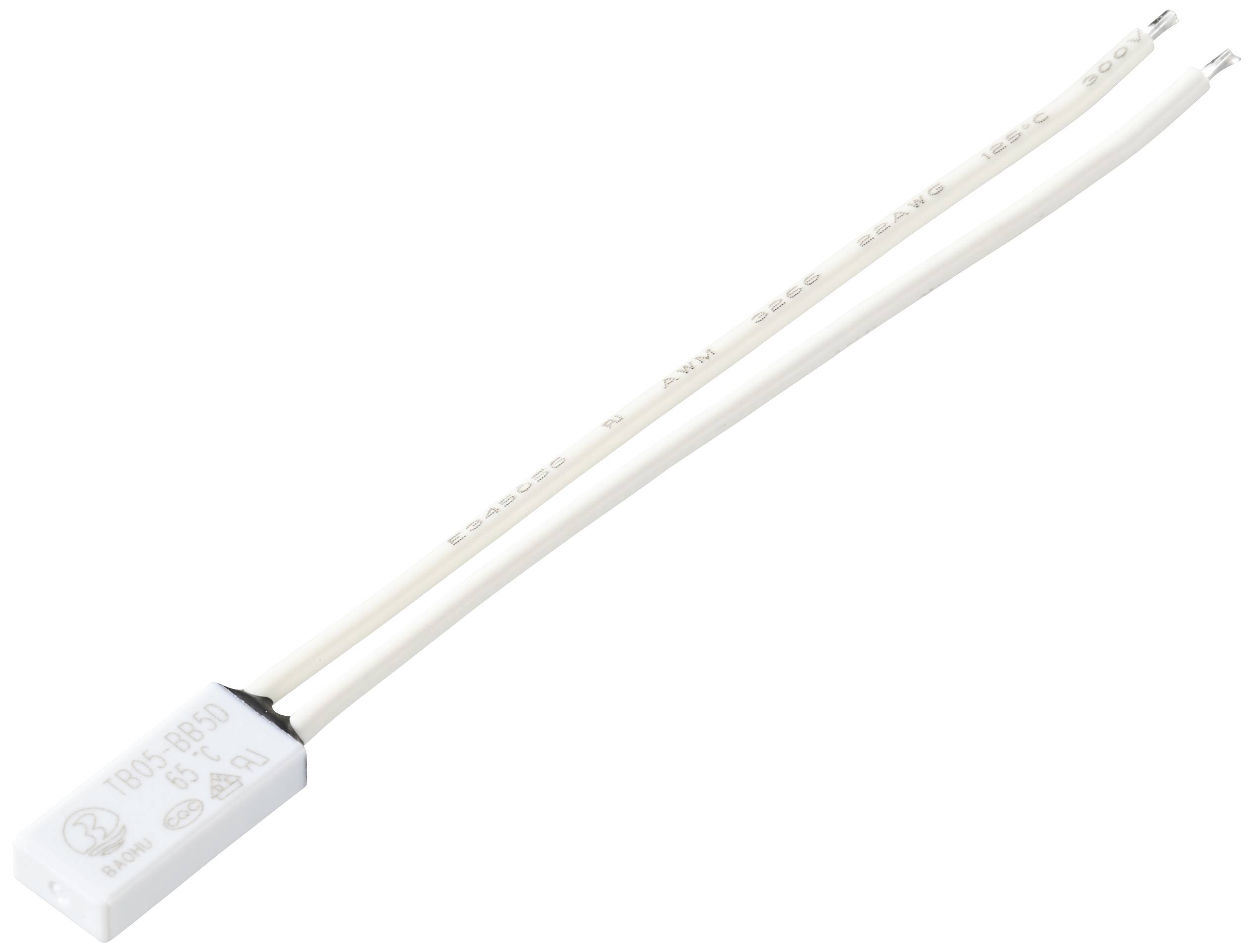 White electrical capacitor with two wires. Suitable for use in electronic circuits.