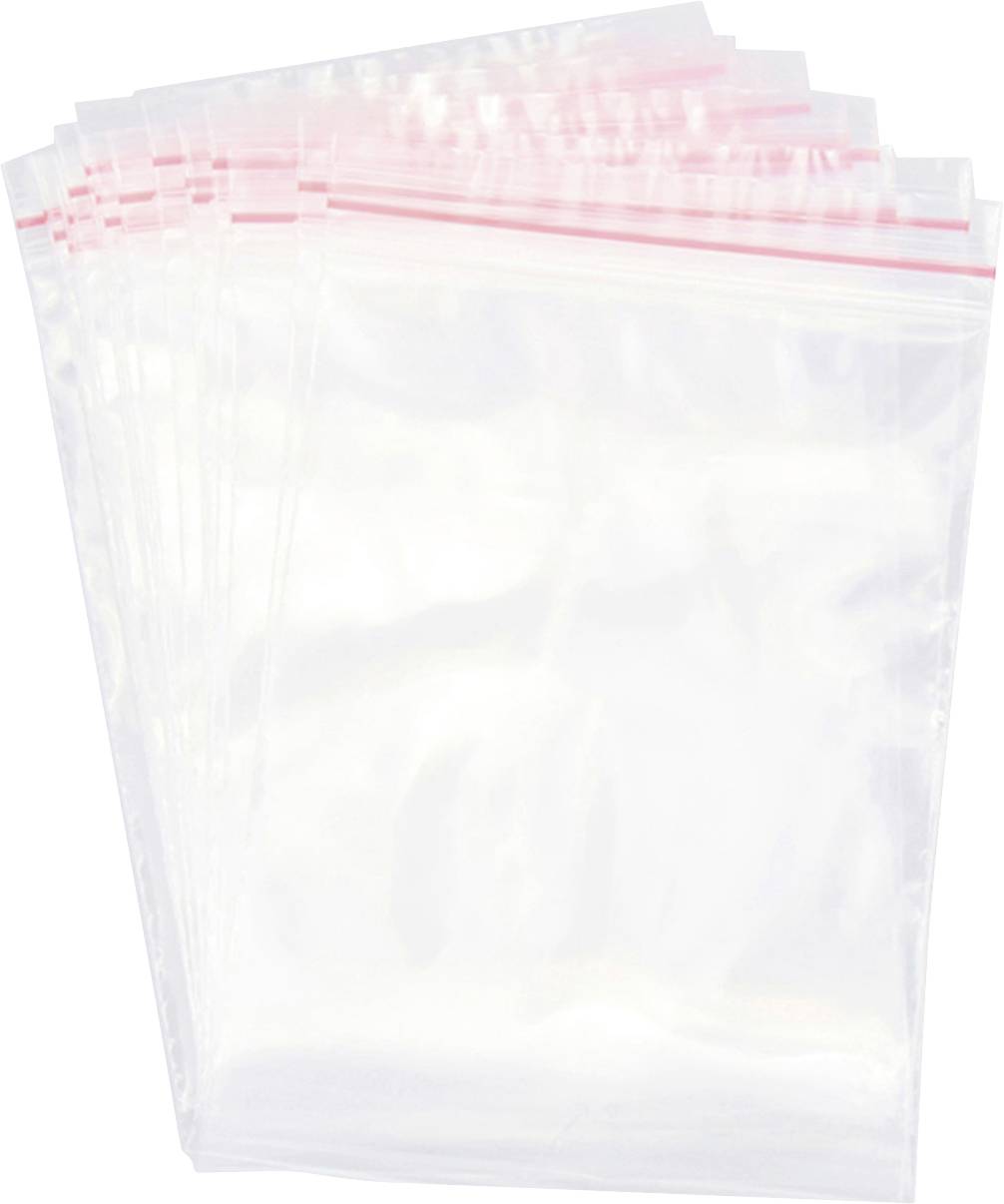 Clear resealable plastic bags with red zipper seals, stacked in a neat pile.