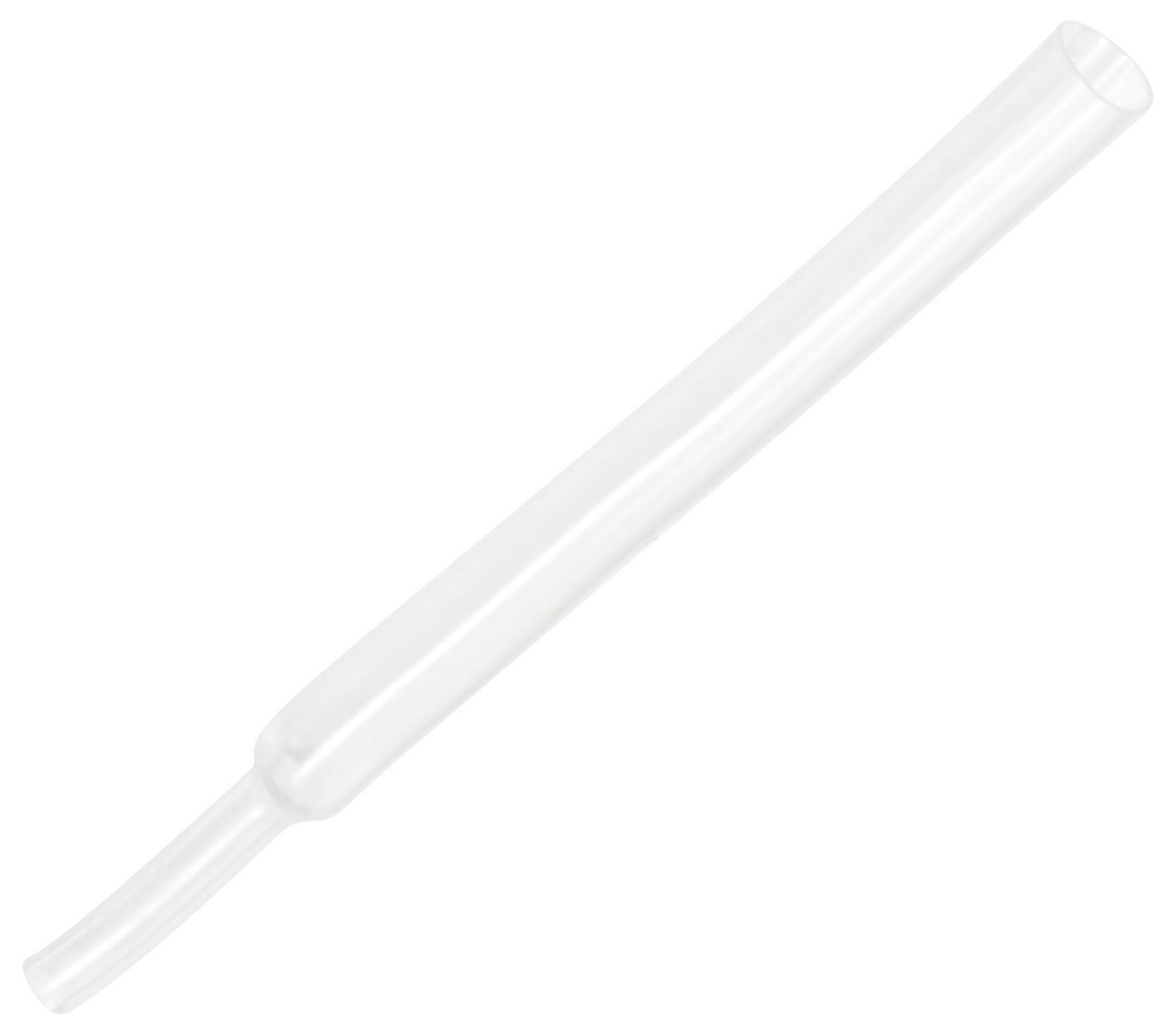 Transparent glass pipette with a narrow, elongated shape against a white background.