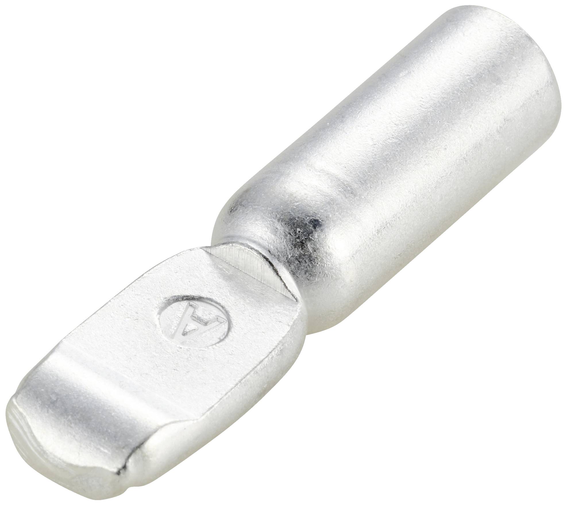 A silver cable plug with a flat connection end, suitable for connecting cables in electrical applications.