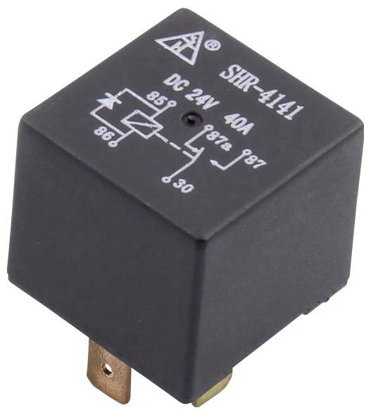 A black relay with the inscription 'SHR-4141', voltage 'DC 24V', current rating '40A', and a circuit diagram graphic on the surface.
