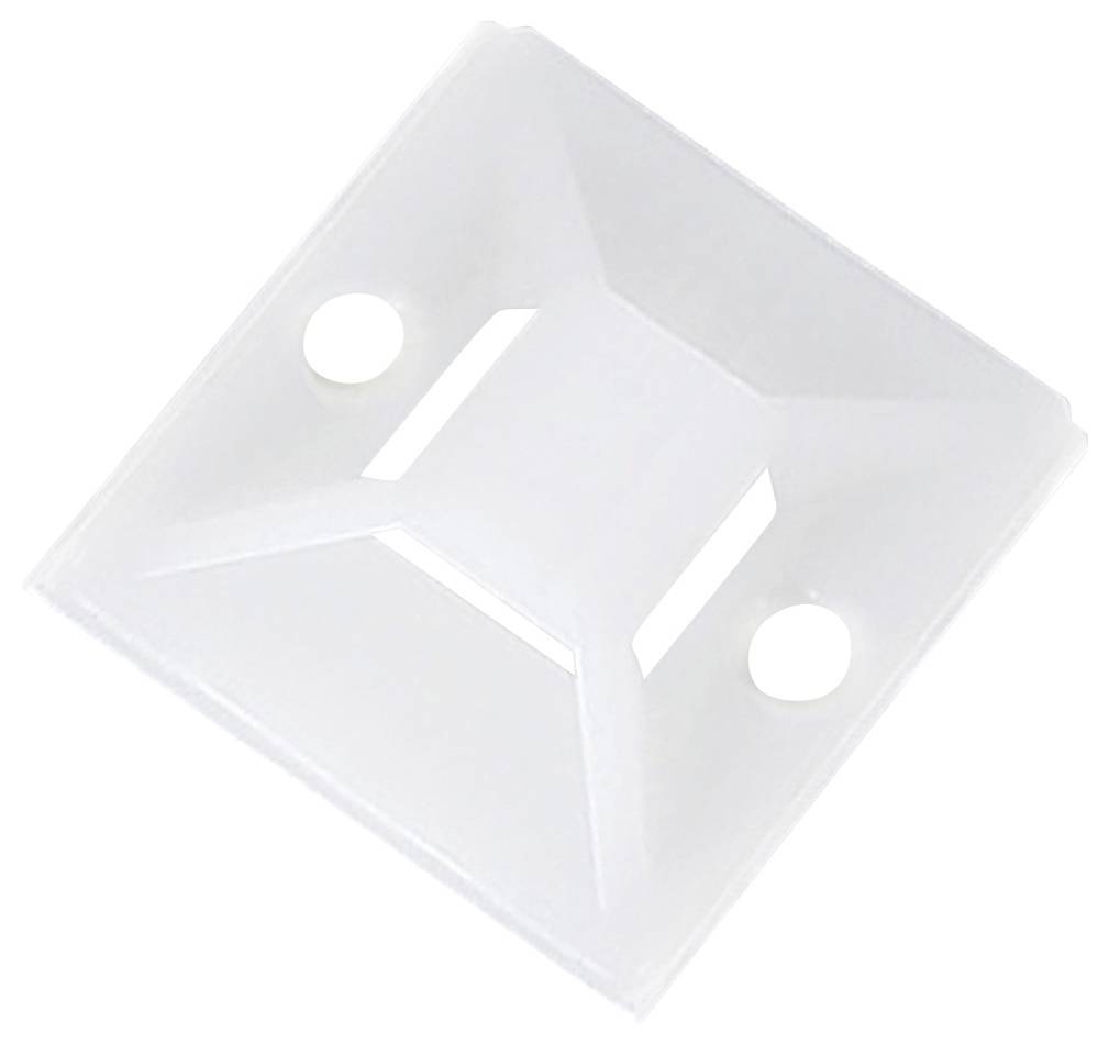 A white plastic adhesive cable tie mount with two screw holes, designed for securing cables to a surface.