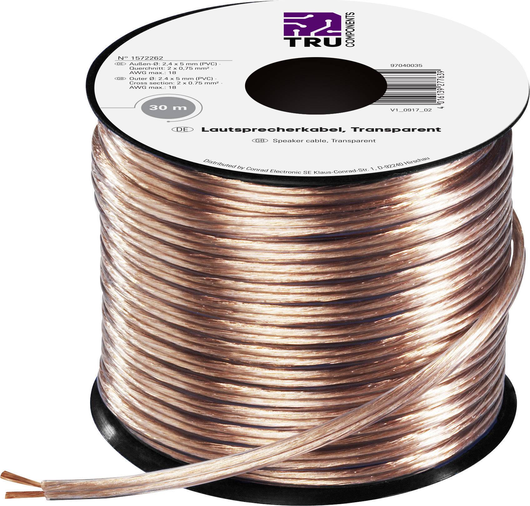 A roll of transparent speaker cable, 30 metres long, by 'TRU COMPONENTS'. The cable is suitable for connecting audio devices.