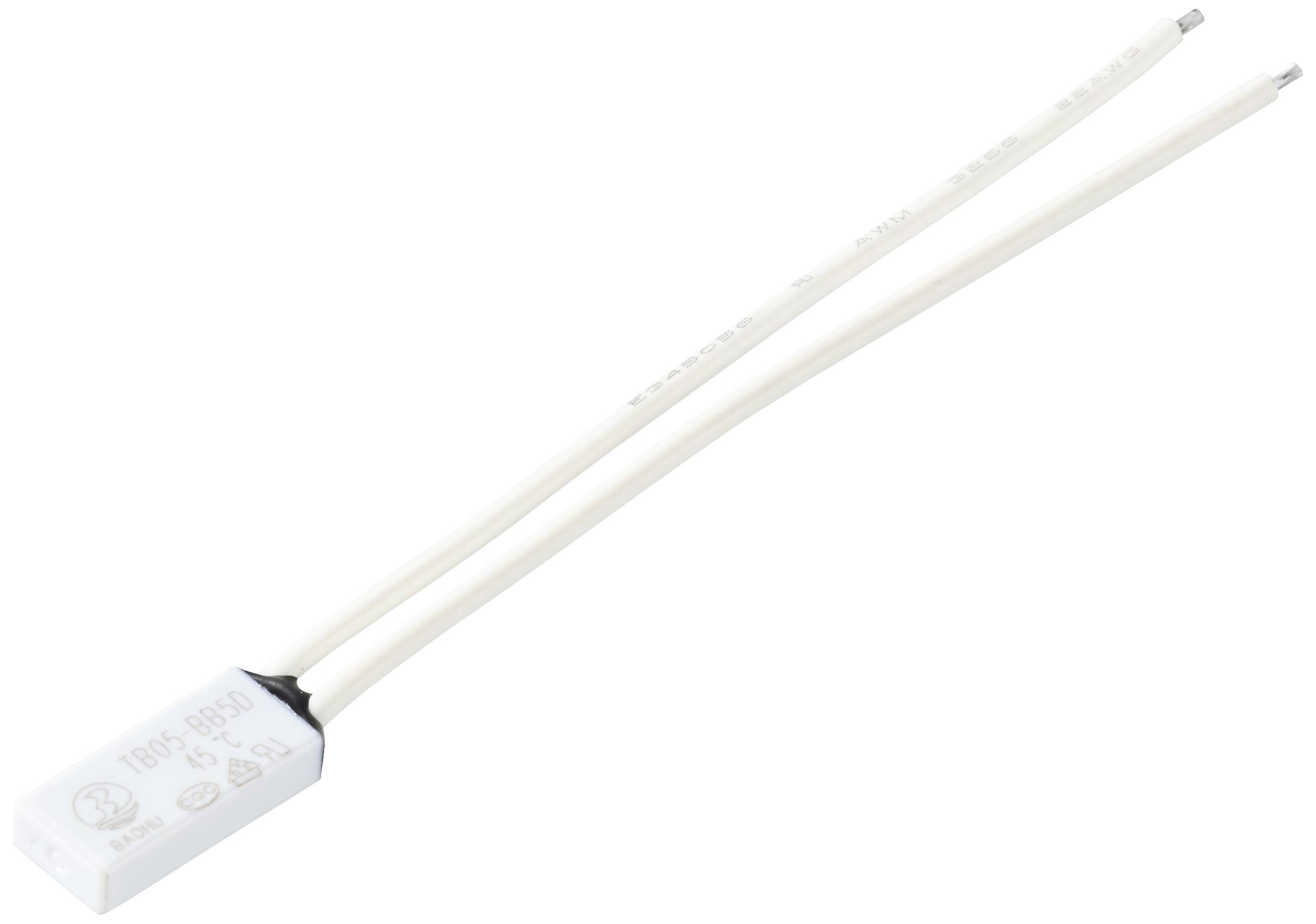 A white electrical capacitor with two protruding cables. Generally used to store electrical charges.