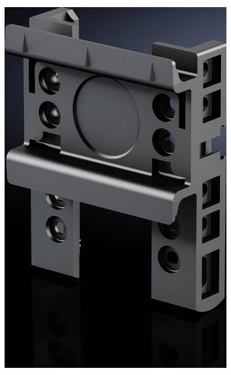 A black plastic component with multiple holes and slotted recesses, likely a technical part or mounting bracket.