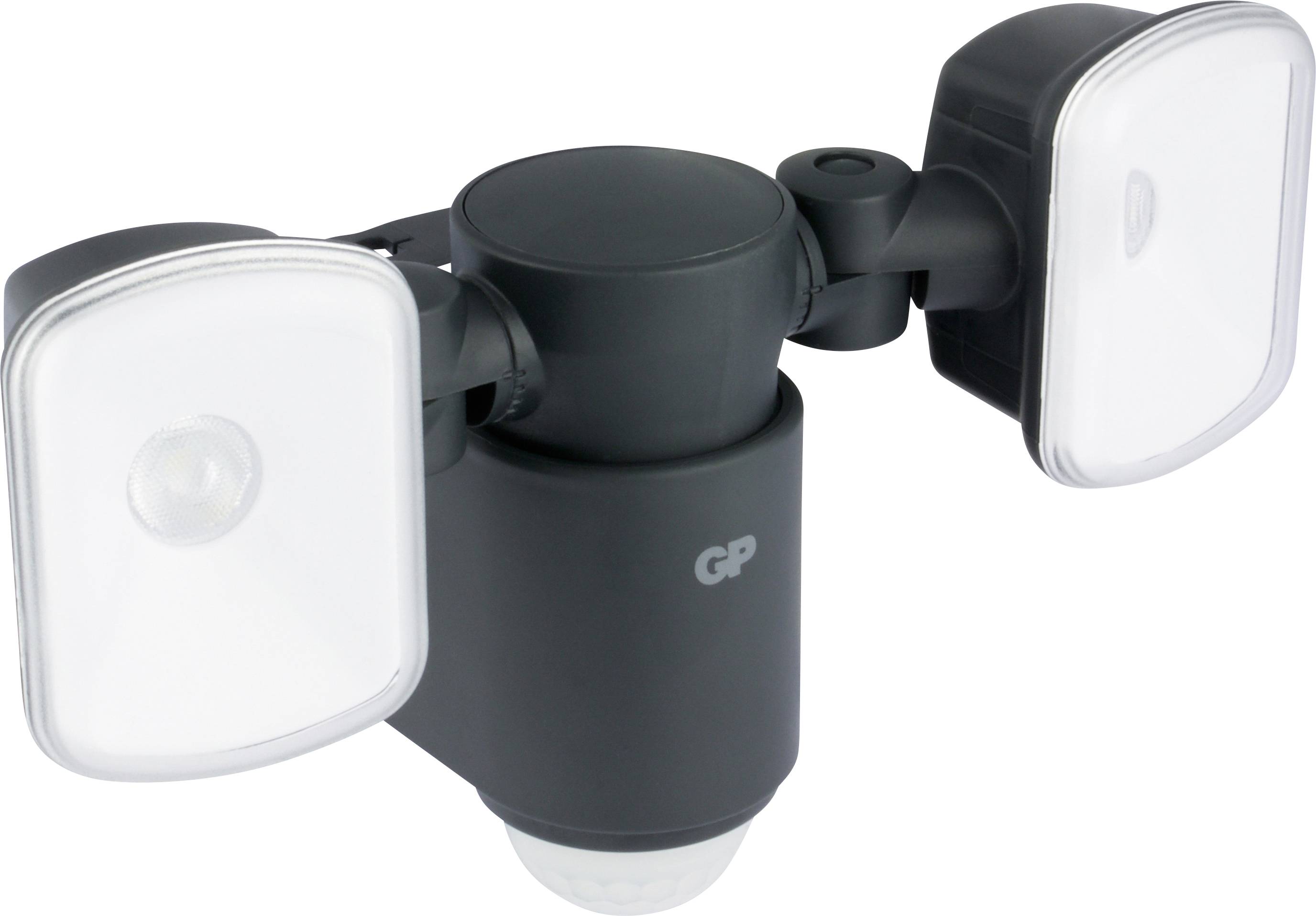 Outdoor motion sensor light fixture with dual adjustable LED lamps in a matte black finish.
