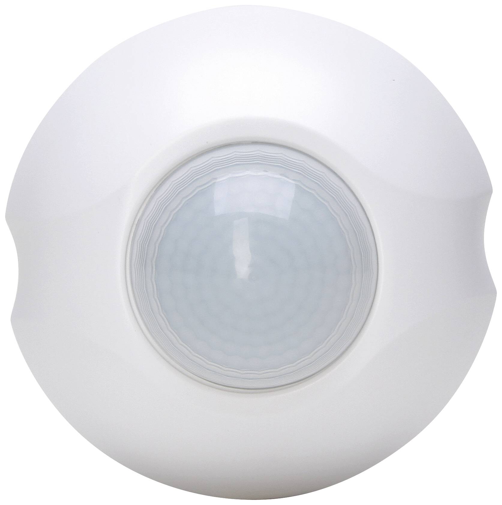 A white motion sensor with a dome-shaped design and a transparent lens in the centre.