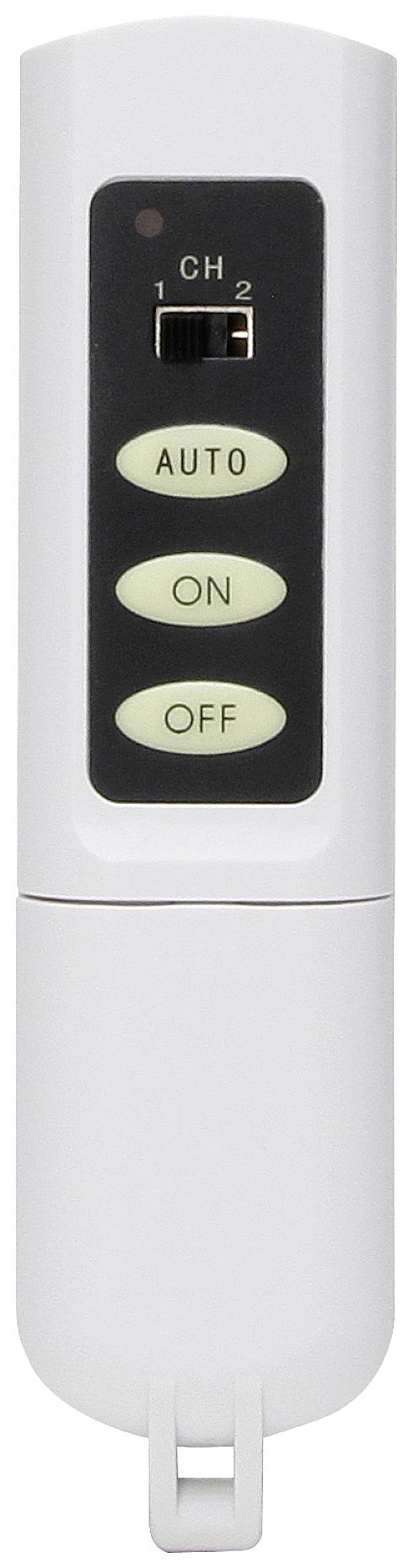 White remote control with a sliding lever, three buttons 'AUTO', 'ON', 'OFF'. Designed for channel settings and control.