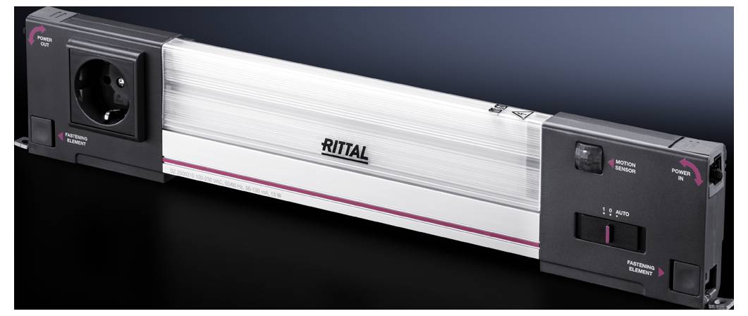 A power strip by Rittal with an integrated circuit breaker and multiple sockets. It is designed in an industrial style.